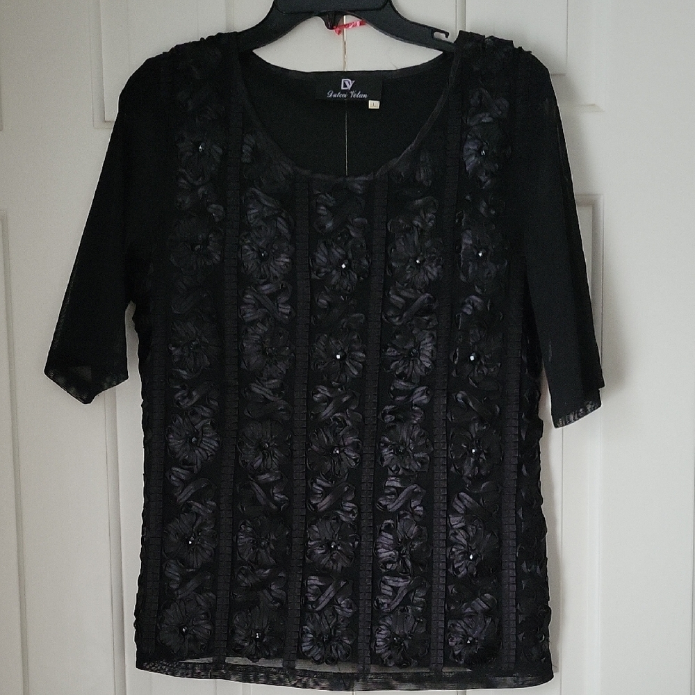 Dulcci Vetan 3d Floral Mesh Short Sleeve Black Top Sz L Gothic Vampire